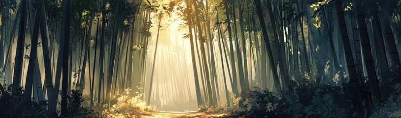 Obraz premium A tranquil bamboo forest with sunlight streaming through the tall stalks, in ukiyo - e art style