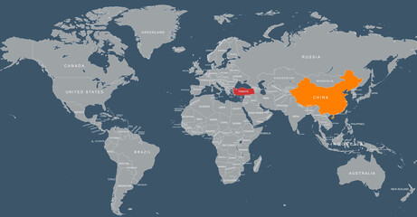World map with the china and Turkey clearly highlighted in vibrant colors, emphasizing geographical location and connection between these nations