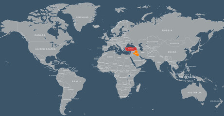 World map with the iraq and Turkey clearly highlighted in vibrant colors, emphasizing geographical location and connection between these nations