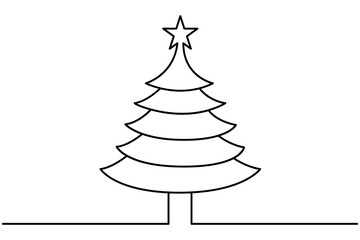 One line continuous drawing of a Christmas tree with star on top and Isolated on white background