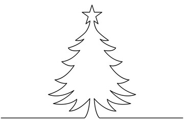 One line continuous drawing of a Christmas tree with star on top and Isolated on white background