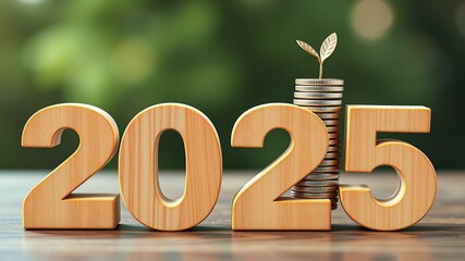 The number year 2025 in wooden cubes with stack of growth coins. financial annual plan for save money, Budget, tax, investment, financial, savings, and New Year Resolution retirement concept