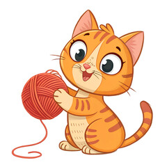 Obraz premium Cute orange tabby cat plays with a ball of red yarn in a joyful and playful moment
