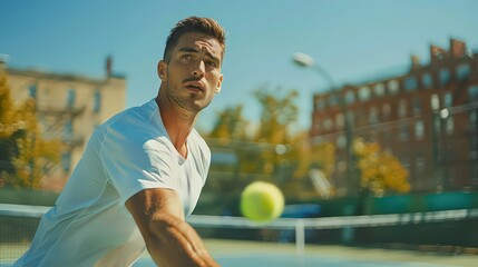 A man playing tennis on a community court, focused on returning a serve with determination 