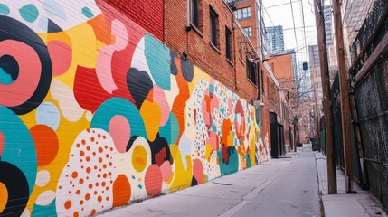 Fototapeta premium A lively alleyway mural bursts with vibrant colors and abstract shapes, celebrating urban art and creativity against an industrial backdrop.
