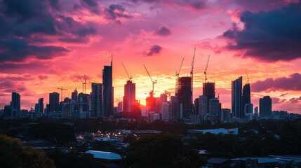 Fototapeta premium Sunset sky framing cranes and a developing city skyline, capturing the hustle of urban growth