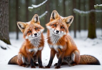 Fototapeta premium realistic fox cub in winter forest playing outdoors with falling snow