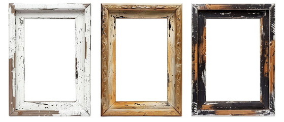 Three antique wooden picture frames with distressed paint, isolated on white background.