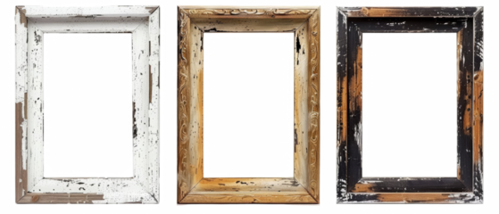 Three antique wooden picture frames with distressed paint, isolated on white background.