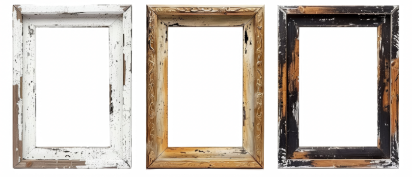 Three antique wooden picture frames with distressed paint, isolated on white background.