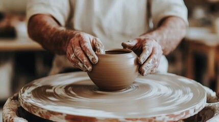 Fototapeta premium Hands craft a clay pot on a spinning wheel, perfectly capturing the art and dedication found in traditional pottery making.