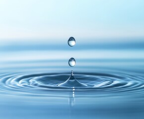 Water drop falling in the water with ripples and a blue background