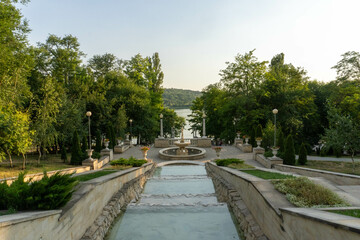 A fountain with water streams gently cascading down