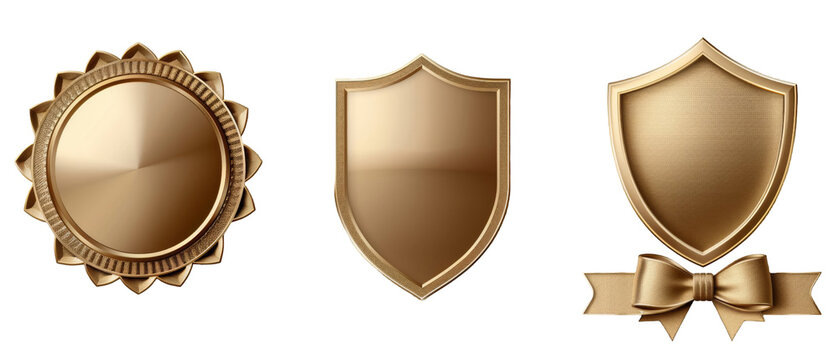 Three bronze awards round badge, shield, and shield with ribbon.