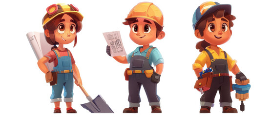 Three cartoon construction workers, a girl with blueprints, a boy with plans, and a girl with tools.