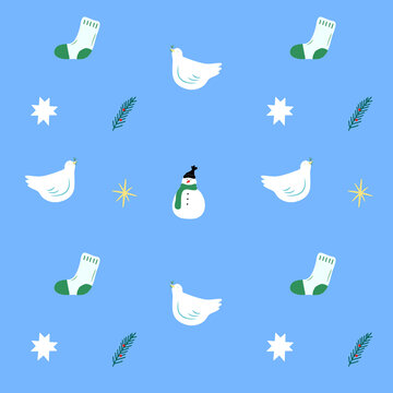 Christmas Seamless Pattern. Doves, Snowman, Socks, Mistletoe.