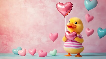 Obraz premium yellow duck dressed in a striped shirt holds a heart-shaped balloon, surrounded by additional heart-shaped balloons. with pastel background High-quality