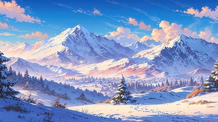 Anime snowy landscape of a cold winter scene with snow-covered mountain peaks