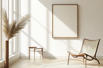 A Minimalist Living Room with a Large Framed Canvas, a Rattan Chair, and Dried Plants