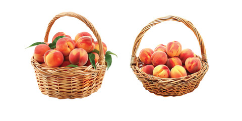 Juicy Fresh Peaches in a Wicker Basket on Transparent Background
