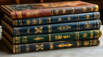 Stack of antique books with ornate, gold-embossed leather spines.
