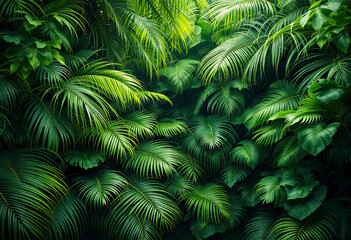A dense, lush tropical jungle with large green leaves and fronds of various shapes and sizes filling the frame