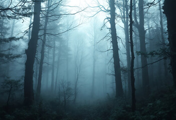 Obraz premium A dense, misty forest with tall, bare trees shrouded in fog