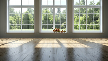 Sunlit room with large windows, hardwood floor, and apples.