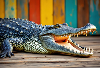Fototapeta premium A large gray alligator with its mouth open, resting on a wooden surface against a colorful wooden fence background