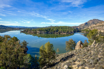 Daylight views of the Alfonso XIII reservoir in Calasparra, Region of Murcia, Spain, where the Quipar river flows