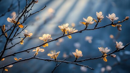 Fototapeta premium Sunlit white blossoms on a branch.
