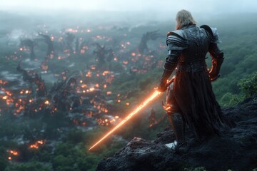 Obraz premium Futuristic Knight in Shining Armor Wielding Glowing Sword Overlooking Fiery Landscape