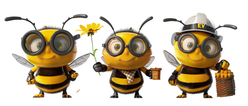 Three cute cartoon bees wearing glasses, one holding a flower and another carrying honey.