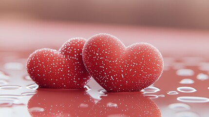 Obraz premium Valentine's Day Celebration with Two Red Hearts and Dew Drops Romantic Moment Close-Up Photography Soft Focus Love Concept