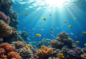 Fototapeta premium A vibrant underwater coral reef scene with various colorful tropical fish swimming among the coral formations