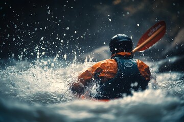 Kayaker navigating river rapids