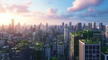 Panoramic View of Bustling Cityscape at Dusk with Vibrant Colors and Skyscrapers Against Cloudy Sky