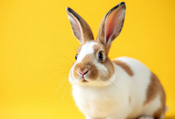 Obraz premium A white and brown rabbit with long ears standing against a bright yellow background