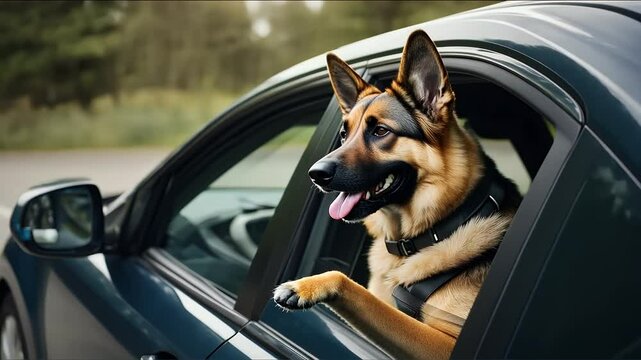german pherd video dog sticking out driving car window moving happy cation trip road street 