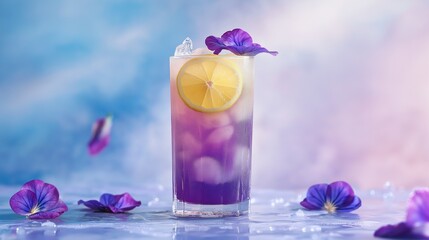 A vibrant cocktail with lemon and purple flowers, set against a dreamy pastel background, creates a refreshing and artistic drink presentation.