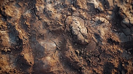 Close-up view reveals a rich mocha-colored dirt surface, showcasing unique textures, cracks, and patterns shaped by nature&rsquo;s elements over time, highlighting the beauty found in the earth