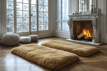Fototapeta premium Cozy living room with fireplace, two fluffy mats, and winter view.