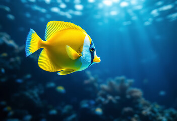 A yellow tropical fish swimming in a blue underwater environment
