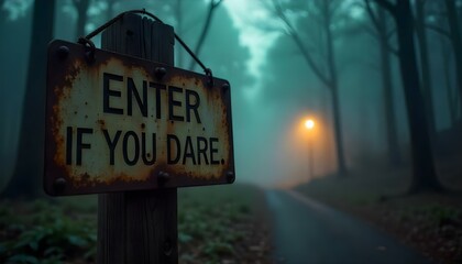 Obraz premium Mysterious 'Enter if you dare' sign in dark, foggy forest evoking fear