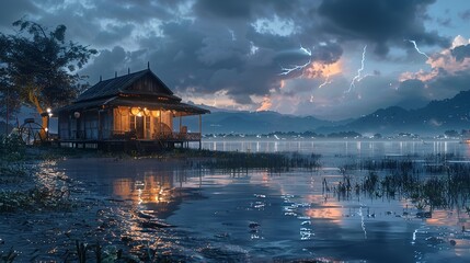 Obraz premium A rustic log cabin built on a floating platform surrounded by lily pads and a tranquil lake.