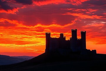 Obraz premium Old castle on hilltop during sunset