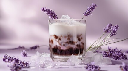 A refreshing lavender drink served in a glass, adorned with ice and sprigs of lavender, set against a soft purple background.