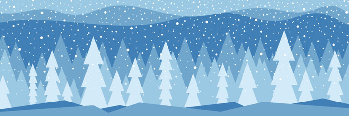 Stylized geometric forest, winter background, snowfall, vector design, banner	