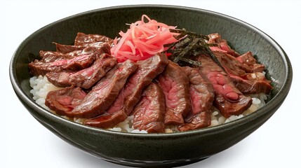 Fototapeta premium A bowl of rice topped with slices of beef, garnished with pink pickled ginger and seaweed, presenting a delicious Japanese dish.
