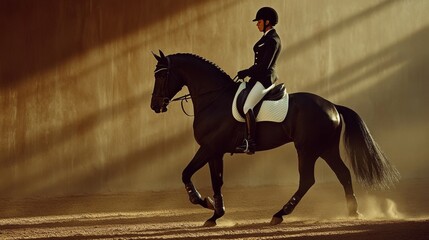 A graceful equestrian rides a black horse in a softly lit arena, shadows and dust adding drama to the elegant scene.